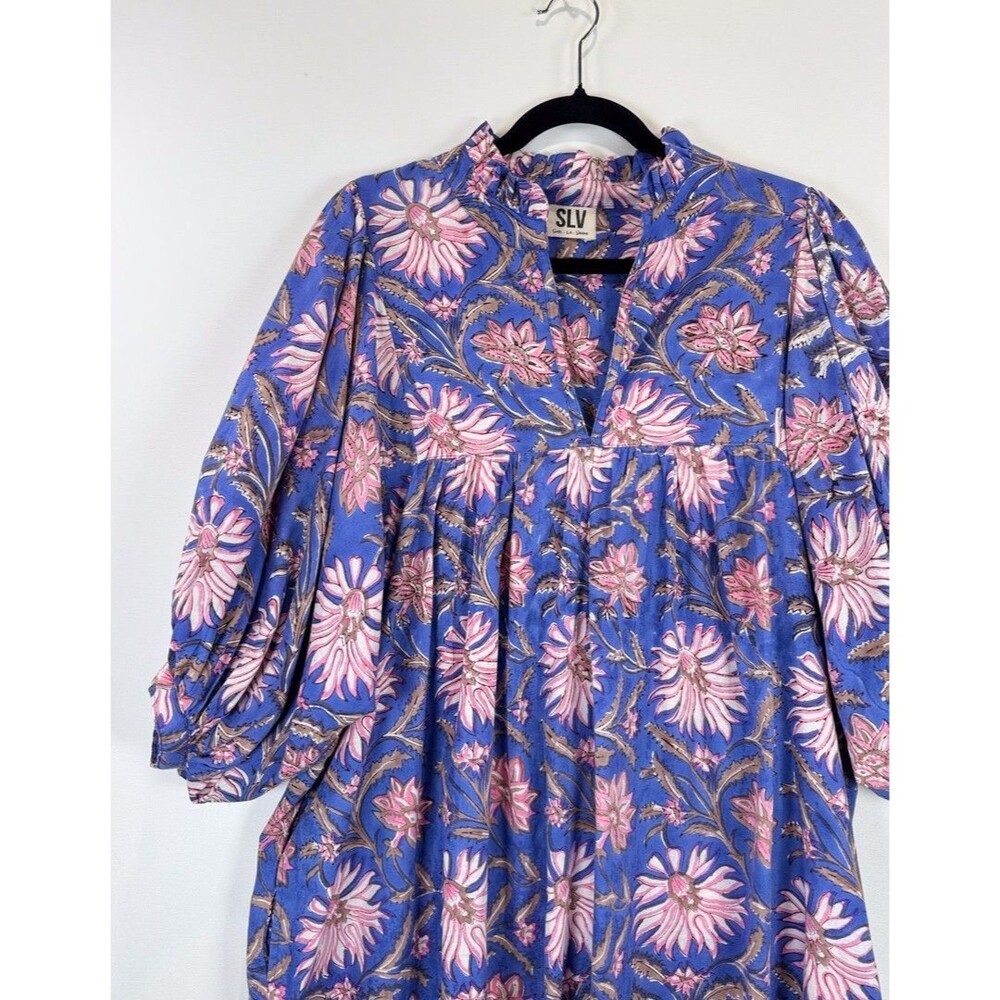 Sur La Vague Mini Dress Purple Blouse Mini Floral V Neck Puff Sleeve Boho M/L - Picture 8 of 11